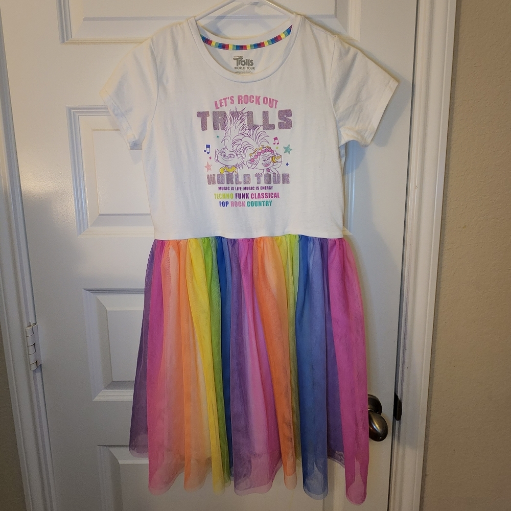Trolls Short Sleeve White Dress w/ Rainbow Tulle Skirt | Girls Size XL